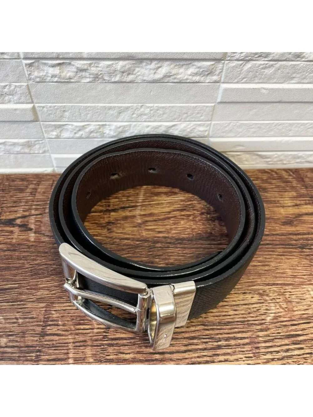 Prada Saffiano Leather Silver Buckle Belt Black